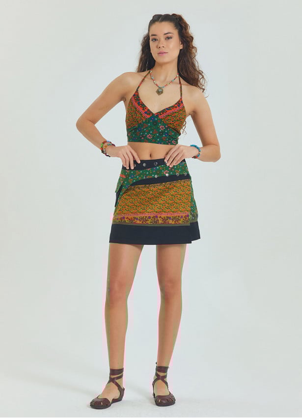 Snap Front Pocket Patchwork Wrap Green Floral Skirt 4685